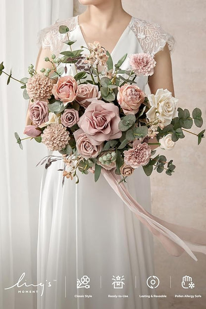 Ling's moment Dusty Rose Wedding Bouquets for Bride, Pink Bridal Bouquets for Bride, 13 Inch Free Form Artificial Wedding Flower Bouquet