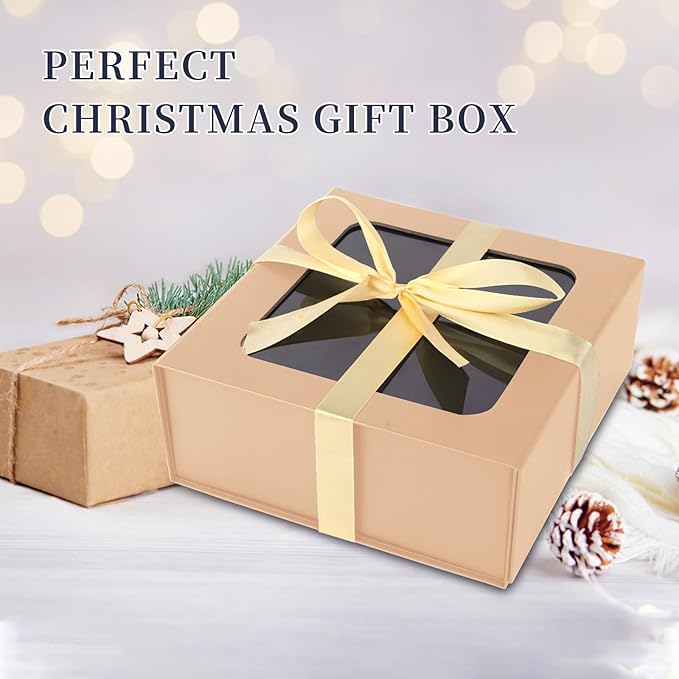Rose Gold Gift Boxes with Window,7.5"x7.5"x3.1" Bridesmaid Boxe for Gift Giving,Birthday Gift Box with Magnetic,Closure Lid Gift Boxes for Presents,Cute Boxe,Luxury for Gift Packaging,Gift Box for Wrapping Gifts