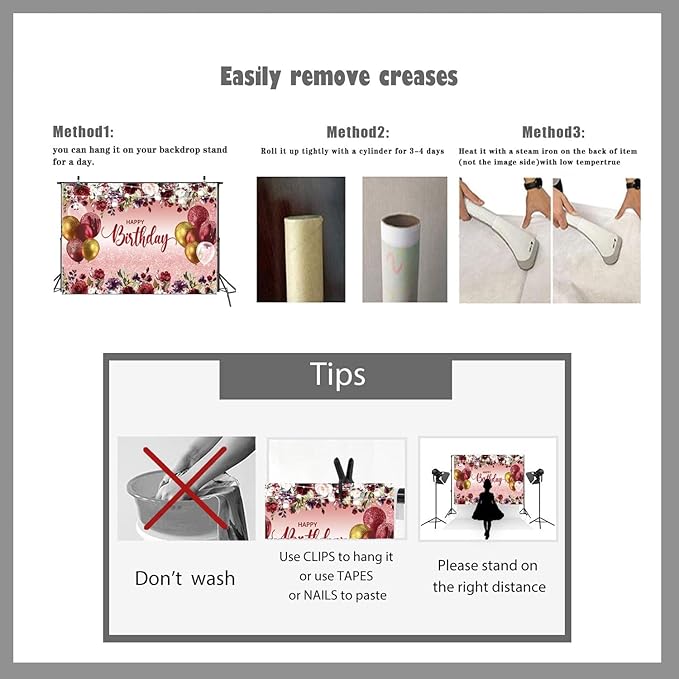 LTLYH 7x5ft Happy Birthday Decorations Women Girls Birthday Party Backdrop Glitter Pink Floral Party Banner Background Elegant Rose Gold Birthday Decorations Backdrop 178 ﻿