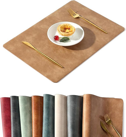 UnivoColors Washed Cowhide Pattern PU Leather Placemats Set of 4 Heat Resistant Kitchen Table Mats, Waterproof Wipeable for Party Decoration(Camel)