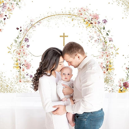 Baptism Backdrop God Bless Floral Golden Dots First Holy Communion Christening Photography Background Baptism Party Decoration Supplies Baby Shower Banner Photo Booth Studio Props 7x5ft