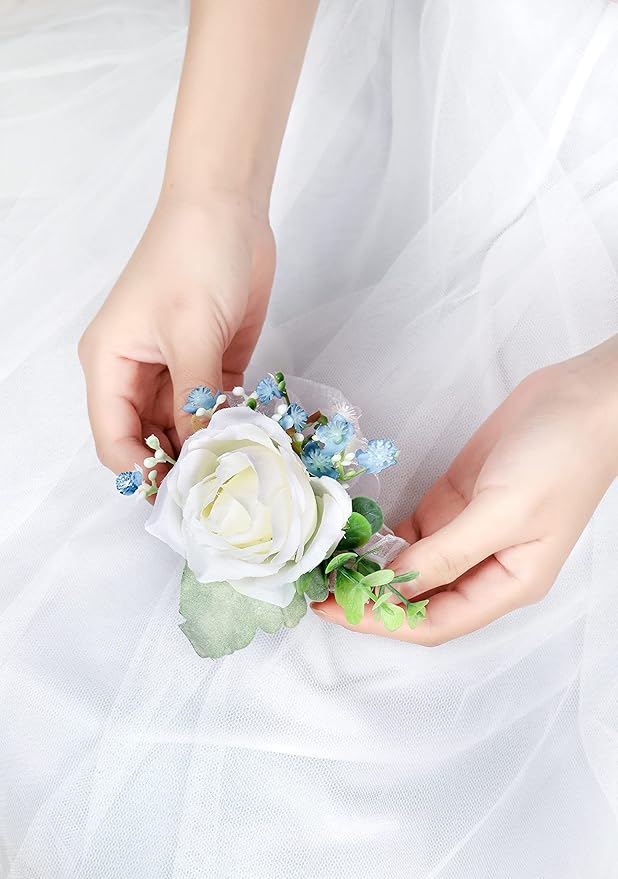 White & Blue Rose Corsage and Men Boutonniere Set for Wedding Ivory Corsages Wristlet Band Bracelet for Wedding Flowers Accessories Prom Homecoming Suit Decorations