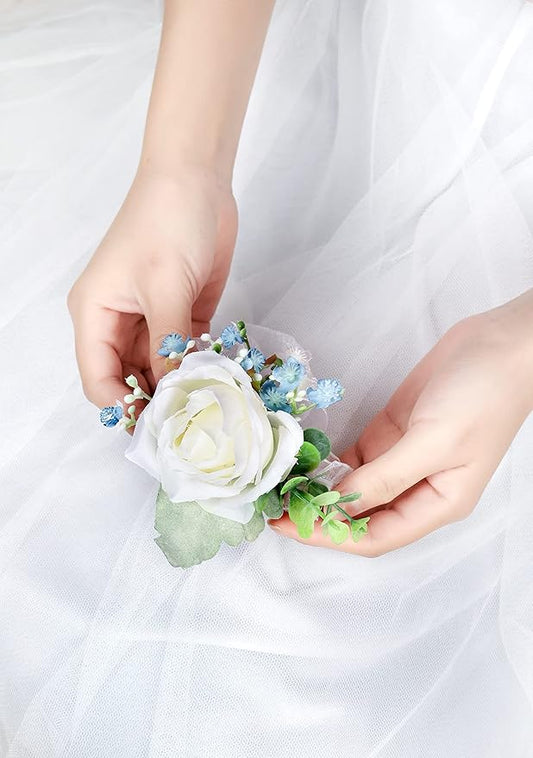 White& Blue Rose Wrist Corsages Wristlet Band Bracelet for Wedding Set of 6 Ivory Eucalyptus Wrist Flower Wristband Hand Flower for Bride, Bridesmaid, Mother of Bride, Prom Party