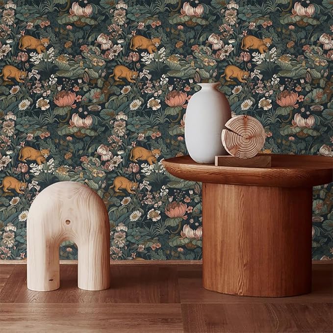 Vintage Maximalism Lotus Floral Animals Forest Green Leaf Peel and Stick Wallpaper Easy Peel Off Stick on Adhesive Wall Paper for Waterproof Renter