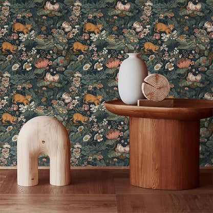 Vintage Maximalism Lotus Floral Animals Forest Green Leaf Peel and Stick Wallpaper Easy Peel Off Stick on Adhesive Wall Paper for Waterproof Renter