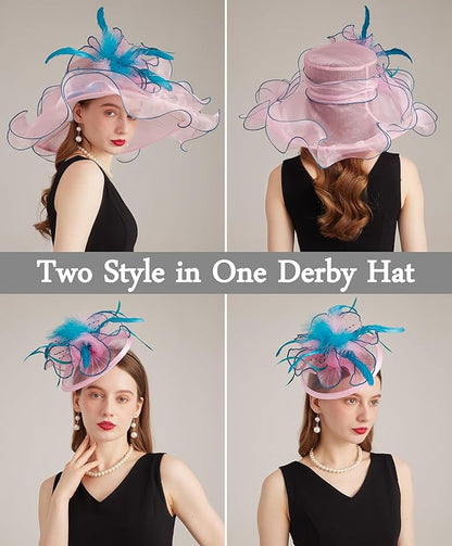 Organza Derby Hats for Women Wide Brim Fascinator Hat Rose Flower Wedding Tea Party Hat