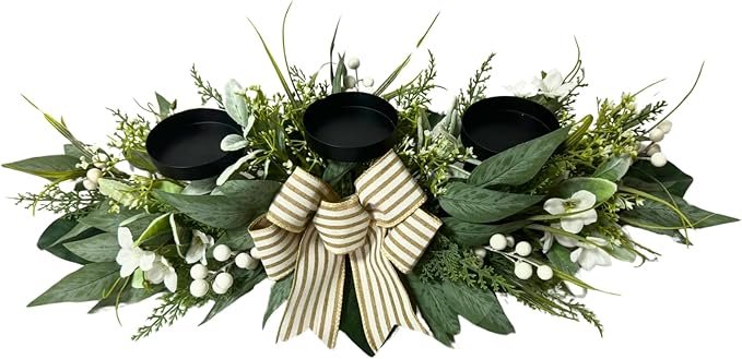 Candle Holder Centerpiece for Table,3 Wick Candle Holder with Artificial Gypsophila Flower,Artificial Eucalyptus Leaves Magnolia Holly Berries and Striped Bow for Table Centerpiece Decor,Dining Room
