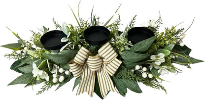 Candle Holder Centerpiece for Table,3 Wick Candle Holder with Artificial Gypsophila Flower,Artificial Eucalyptus Leaves Magnolia Holly Berries and Striped Bow for Table Centerpiece Decor,Dining Room