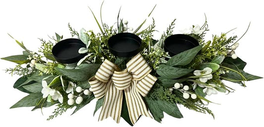Candle Holder Centerpiece for Table,3 Wick Candle Holder with Artificial Gypsophila Flower,Artificial Eucalyptus Leaves Magnolia Holly Berries and Striped Bow for Table Centerpiece Decor,Dining Room