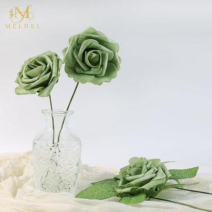 Meldel Artificial Flowers 25pcs Real Looking Elf Green Foam Fake Roses with Stems for DIY Wedding Bouquets Bridal Shower Centerpieces Floral Arrangements Home Decorations Bulk Crafts Rose