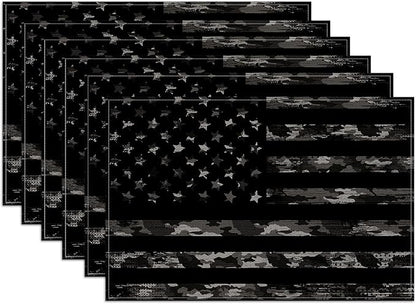 Black Camo American Flag Placemats Set of 6, Linen Place Mat Washable Stain Resistant Table Mats for Farmhouse Kitchen Dining Party Wedding Decor 12x18 Inch