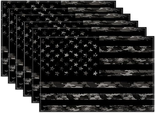 Black Camo American Flag Placemats Set of 6, Linen Place Mat Washable Stain Resistant Table Mats for Farmhouse Kitchen Dining Party Wedding Decor 12x18 Inch