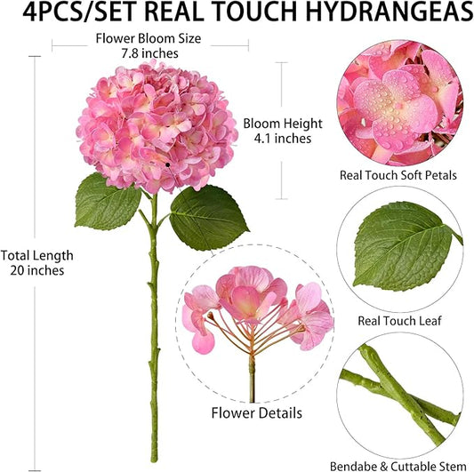4 Pcs 20'' Real Touch Hydrangeas Pink Artificial Hydrangeas Flowers Faux Latex Lifelike Hydrangea for Kitchen Living Room Porch Home Decor Baby Shower Party Wedding Table Centerpiece