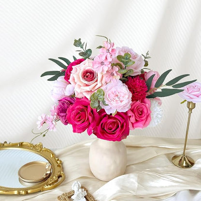 Fuschia Silk Artificial Flowers Combo Box Set Hot Pink Roses Flowers Dahlia DIY Bridal Wedding Bouquets Cake Fake Floral with Stems Arrangements Baby Shower Party Table Centerpieces Home Decor