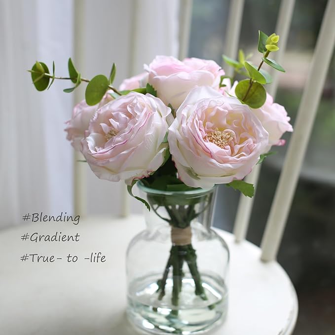 Artificial Flowers in vase, Vivid Faux Rose Flowers Arrangements, Austin Rose Centerpieces for Tables, Flower Ornaments and Flower Arts for Living Room (Champagne)