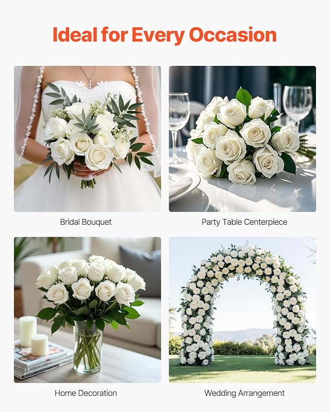 VEVOR Artificial Flowers, 120 pcs Real Looking White Foam Fake Roses Bulk, White Faux Bridal Shower with Stems for DIY Wedding Bouquets, Home Centerpieces Arrangements, Party Tables Decorations