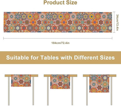 Boho Table Runner, Orange Geometric Mandala Flower Fall Farmhouse Decor Table Runner for Kitchen Dining Party Home Decoration, 13x120 Inch