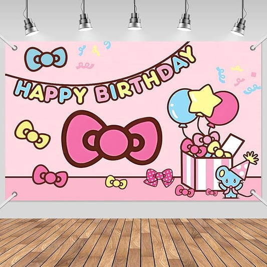 3x5ft Pink Bow Birthday Backdrop, Happy Birthday Decoration Background, Cute Cartoon Cat Theme Party Supplies Outdoor Indoor Photo Banner