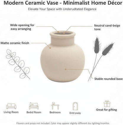 5.5-Inch Off-White Ceramic Flower Vase, Rustic Farmhouse Boho Pottery Decor for Living Room, Table Centerpiece, Mantel & Shelf