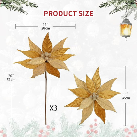 Hollyone 3PCS Poinsettia Christmas Flowers Artificial 11" Large Velvet Gold Glitter Poinsettia Flowers Christmas Tree Ornaments Floral Picks for Tree Wreath Garland Vase Table Centerpiece Home Decor