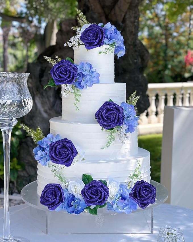 Artificial Roses,50PCS Royal Blue Roses Artificial Flowers 2.76" Sparkle Roses Glitter Flowers for Wedding Christmas DIY Wreath Home Table Floral Arrangement(Royal Blue)