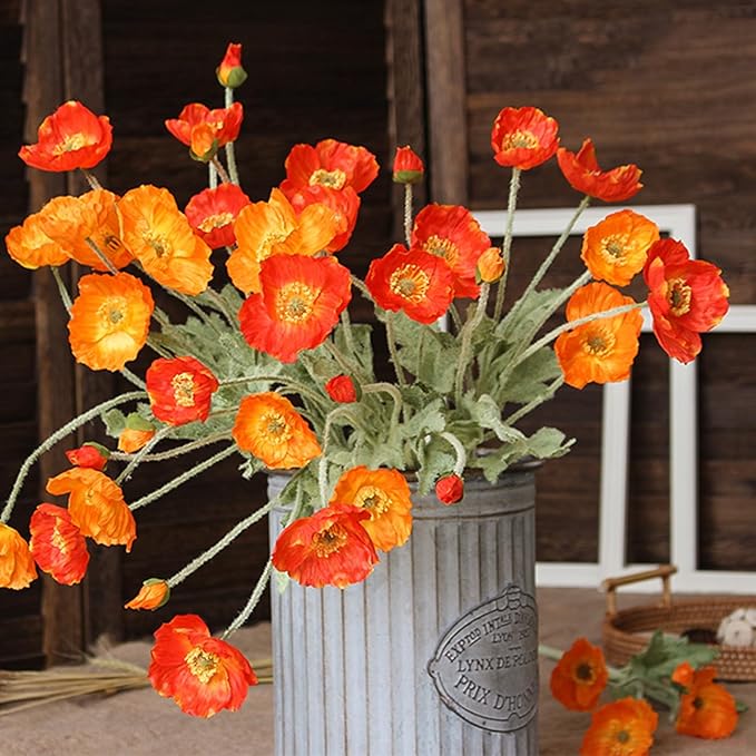 2 Pcs Artificial Fake Flowers Poppies Silk Flower Arrangements Wedding Bouquets Decorations Plastic Floral Table Centerpieces for Home Kitchen Garden Party Decor Approx 23.6" High - Light Orange