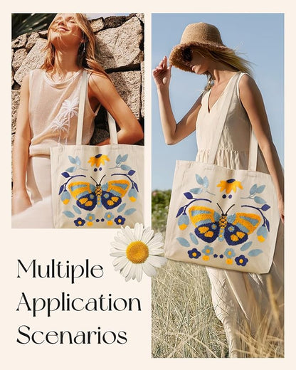 Aesthetic Embroidery Tote Bag for Women - Reusable Canvas Cute Shoulder Bag for Shopping, Grocery, Work, Book