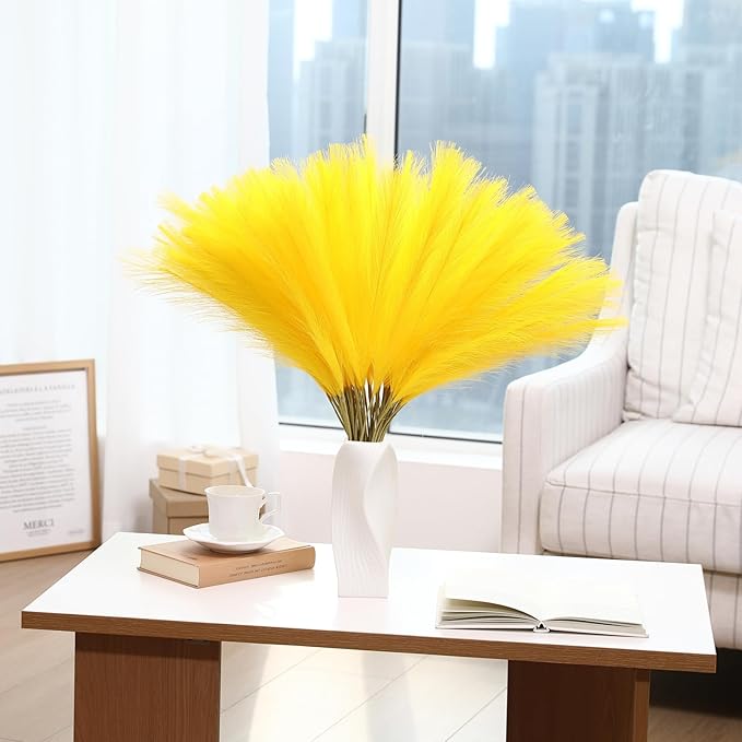 Faux Yellow Pampas Grass - 60pcs 24 Inch Short Artificial Pampas Grass Decor, Fake Pompas Floral for Vase Filler, Wedding Flower Arrangement, Party and Home Decor (Yellow, 60 Pieces)