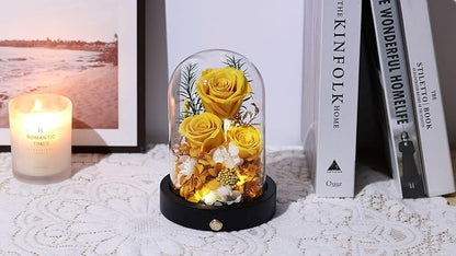 Flowers for Delivery, 3 Yellow Forever Roses in Glass Dome with LED, Preserved Real Rose, Valentines Day Anniversary Birthday Mothers Day Flower Gifts for Mom Her Women Wife Mother