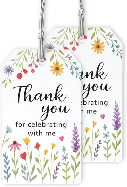 40 PCS Floral Thank You for Celebrating with Me Birthday Tags, Pastel Wildflower Favor Tag, Spring Baby in Bloom Shower Thank You Favor Tag, Floral Birthday Party Tags, 2x3.5