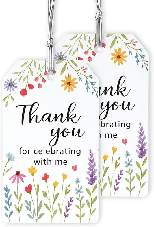 40 PCS Floral Thank You for Celebrating with Me Birthday Tags, Pastel Wildflower Favor Tag, Spring Baby in Bloom Shower Thank You Favor Tag, Floral Birthday Party Tags, 2x3.5