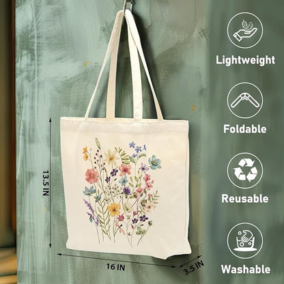 Aesthetic Floral Canvas Tote Bag for Women with Pocket, Tote Bags for Grocery Shopping Travel Christmas Birthday
