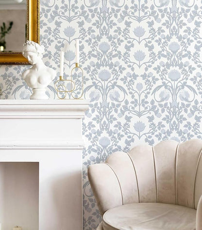 17.3"×78.7" Blue Floral Peel and Stick Wallpaper, Damask Vintage Wallpaper for Bedroom Bathroom Self Adhesive Removable