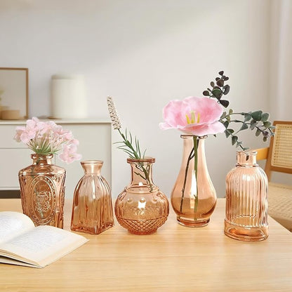 Amber Glass Vase Set of 12, Clear Bud Vases in Bulk, Mini Vases for Flowers, Small Flower Vases for Centerpieces, Vintage Decorative Embossed Vase for Home Decor, Wedding Table Decoration