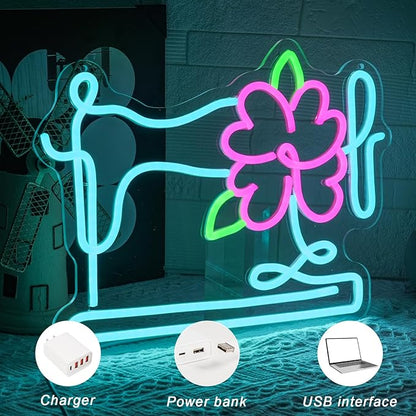 Floral Sewing Machine Neon Sign for Wall Decor Colorful Floral Led Sign Tailor Sewing Machine Led Light Flower Neon Light for Bedroom Girl's Room Sewing Room Tailor Shop Craft Room Flower Shop