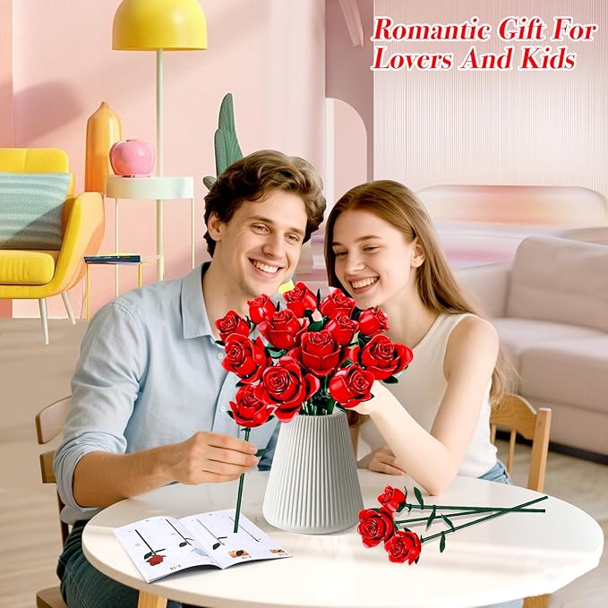 Flowers Bouquet Building Set, 12 Artificial Red Roses Botanical Collection Building Block Educational Toys Gift for Girls Kids Women Valentines Mothers Day Christmas Birthday Gift, 634 PCS
