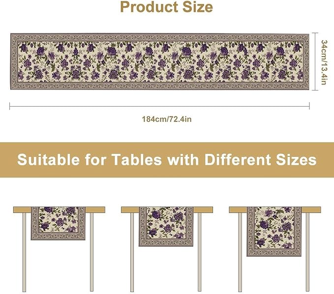 Vintage Floral Table Runner, Elegant Purple Flowers Retro Design Table Runner for Kitchen Dining Holiday Party Decoration, 13x108 Inch