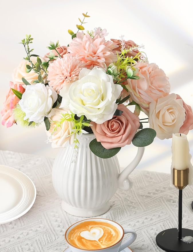 Pink and White Artificial Flowers Fake Silk Flowers for DIY Wedding Bouquets Cake Decoration Mixed Roses Combo Blush Flower Centerpieces Arrangements for Party Table Chair Decor (Pink)