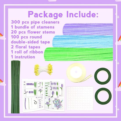 ZEIZHUBN 300 Pieces Pipe Cleaners, Pipe Cleaners Flower Bouquet Kit, Flower Making Kit with Floral Wires Tape, Art and Craft Supplies Projects DIY Decoration Holiday Party Birthday Gifts