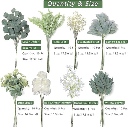 VIERENA Artificial Greenery Stems Box Set(Pack of 65pcs) with 8 Kinds of Faux Plants and Fake Flowers for DIY Wedding Bouquet Table Centerpieces and Floral Arrangement (Beige&Dusty Green)