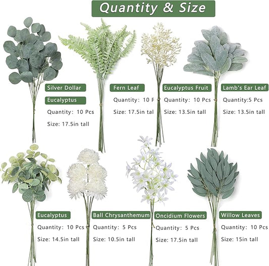 VIERENA Artificial Greenery Stems Box Set(Pack of 65pcs) with 8 Kinds of Faux Plants and Fake Flowers for DIY Wedding Bouquet Table Centerpieces and Floral Arrangement (Beige&Dusty Green)