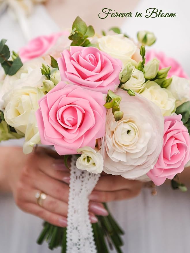 MACTING Pink Artificial Flower Roses 60PCS Real Touch Fake Flowers with Stem Foam Roses for DIY Wedding Bouquet Table Centerpieces Party Bridal Shower Birthday Home Spring Valentines Day Decorations