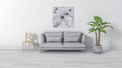 SYGALLERIER Abstract Flower Wall Art - Gray and White Floral Oil Painting with Gold Foil Embellishments - Handmade Canvas Wall Art 40x40 Inch