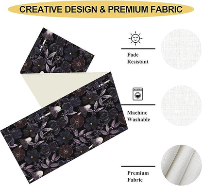 Gothic Floral Table Runner, Dark Purple Vintage Garden Flower Witchy Mushroom Farmhouse Coffee Table Center Decor for Home Kitchen Dining Patio Holiday Party Table Decorations 13x72 inches