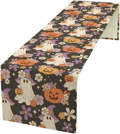 Halloween Table Runner ,Cute Ghost Pumpkin Pattern Table Runner for Home Kitchen Table Dining Garden Farmhouse Wedding Party Decor 13x108 Inch