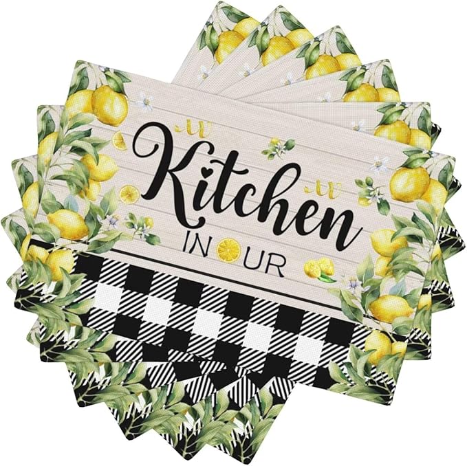 Lemon Kitchen Table Placemats Set of 6 Retro Country Green Leaves Fruit Heat Resistant Table Mats for Home Party Indoor Holiday Decor 12 x 18 Inch