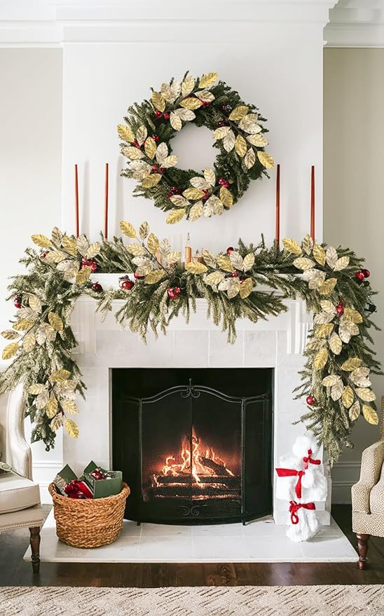 Hollyone 23.6” Christmas Tree Picks and Sprays 3Pcs Champagne Artificial Magnolia Stems Magnolia Leaves Branches Fake Gold Leaf Floral for Vase DIY Xmas Tree Garland Wreath Centerpieces Wedding Decor