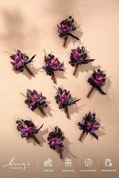 Ling's Moment Boutonniere for Men, 10pcs Groomsmen Guest Boutonniere, Artificial Flowers for Wedding Décor/Prom/Homecoming,etc.Deep Purple