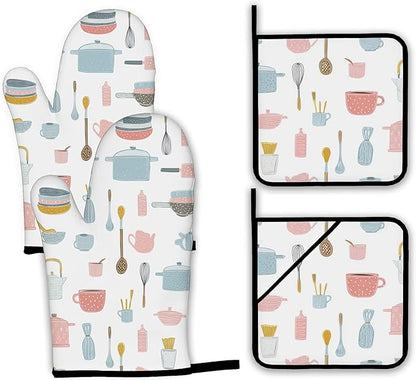 Pink Kitchen Utensil Oven Mitts and Pot Holders Set,Kitchen Decor Heat Resistant Non Slip Hot Pads and Oven Mitt for Chef Cooking Baking BBQ Mom Girl Gifts(4 Piece Set)