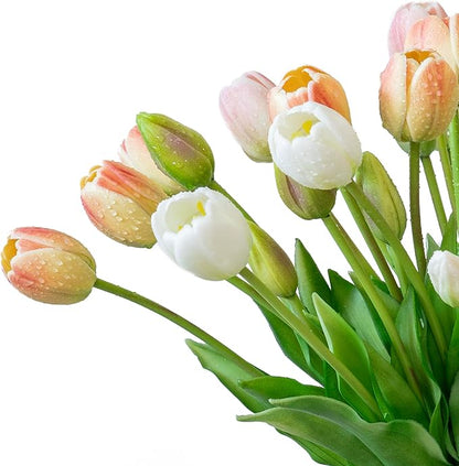 40pcs Artificial Tulips Flowers, Real Touch Latex Bouquet, Fake Tulips for Office Wedding Party Home Kitchen Garden Decoration-B Champagne
